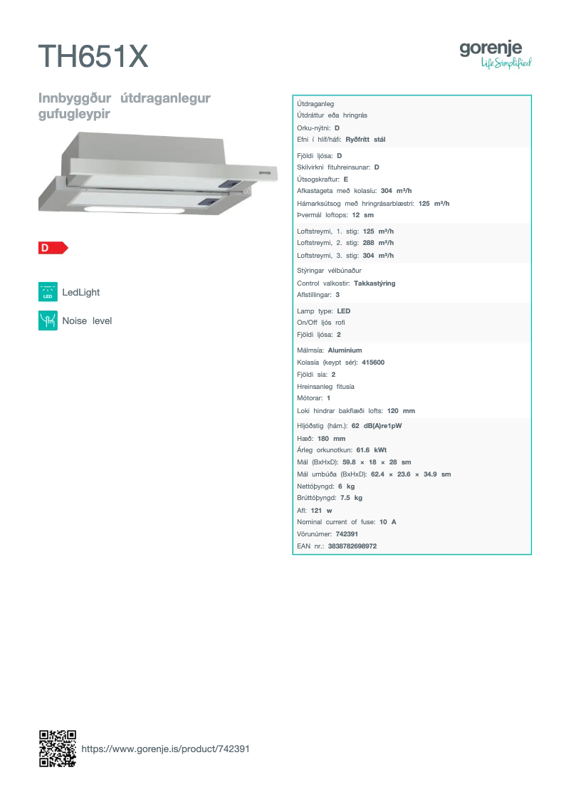 Page n°1 - Fiche technique Gorenje TH651X
