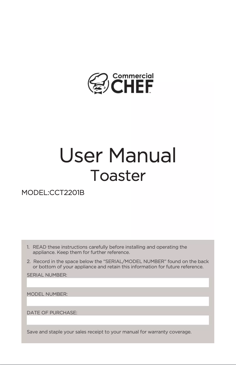Page 1 de la notice Manuel utilisateur Commercial Chef CCT2201B