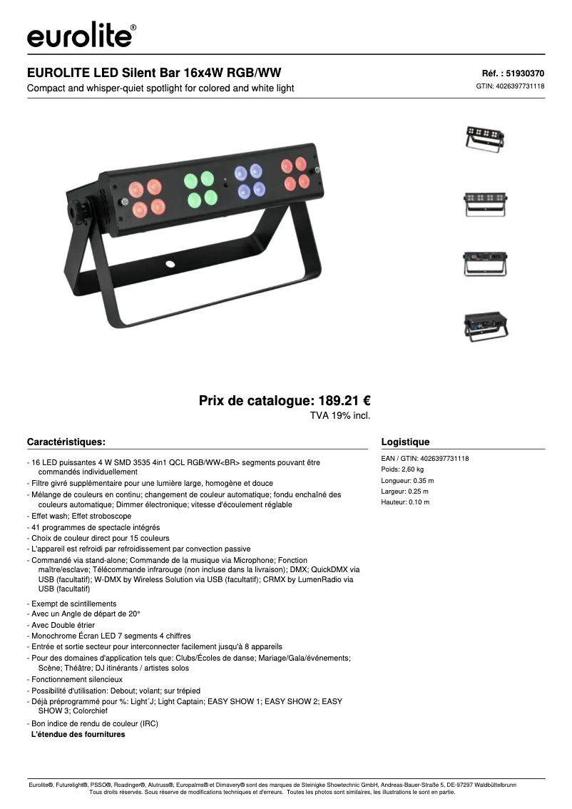 Page 1 de la notice Fiche technique Eurolite LED Silent Bar