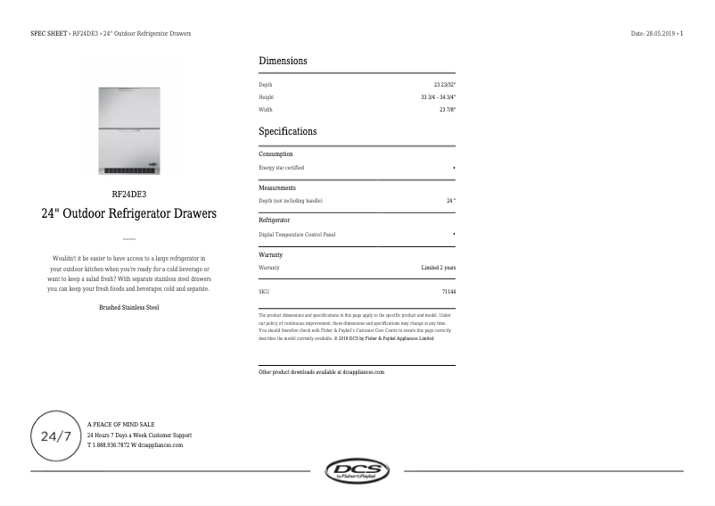 Page 1 de la notice Fiche technique DCS RF24DE3