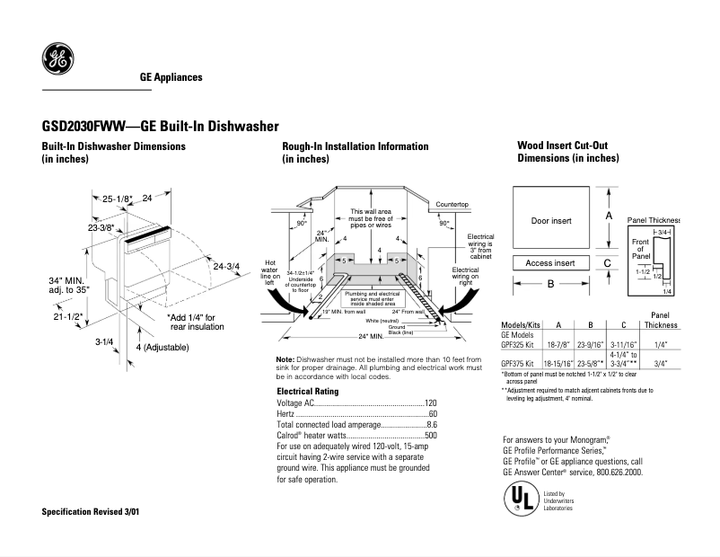 Página 1 del manual Ficha técnica GE GSD2030FWW