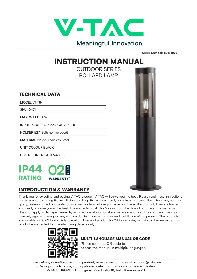 Page 1 de la notice Manuel utilisateur V-TAC VT-1184