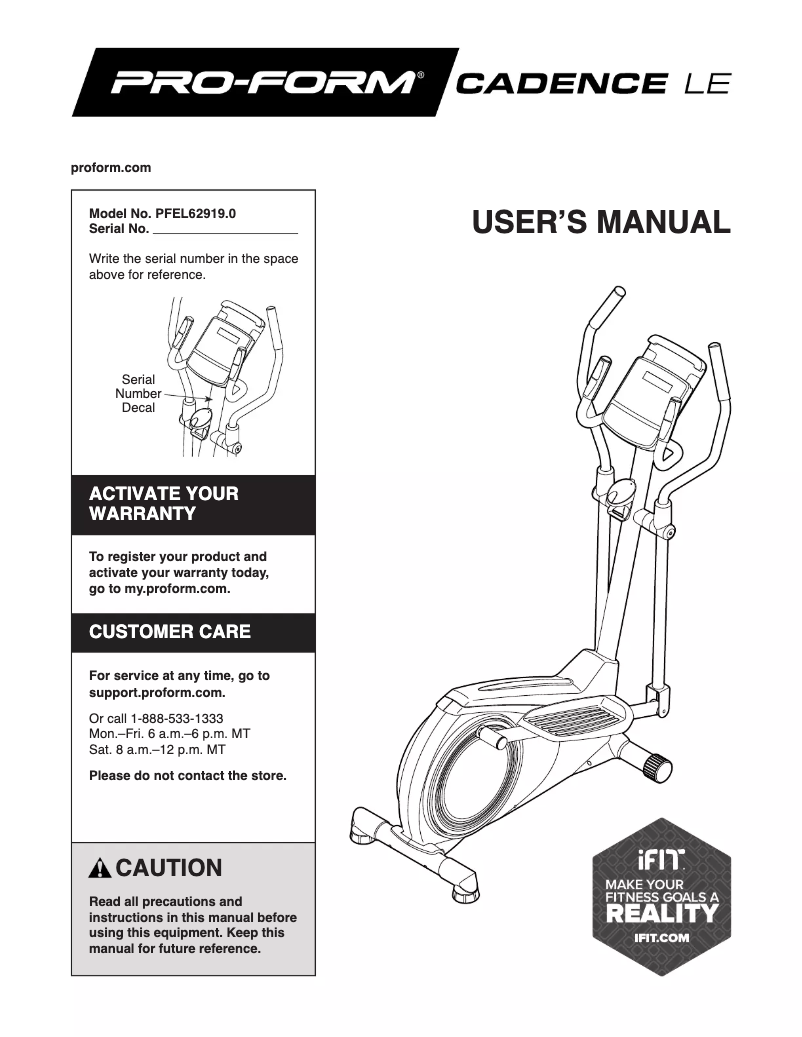 Page n°1 - Manuel utilisateur ProForm Cadence LE PFEL62919.0