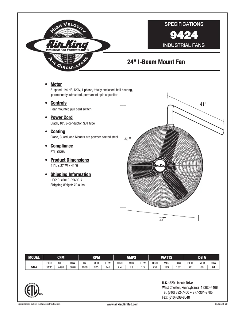 Page 1 de la notice Fiche technique Air King 9424