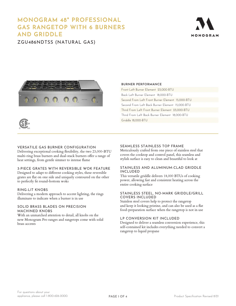 Page 1 de la notice Fiche technique Monogram ZGU486NDTSS