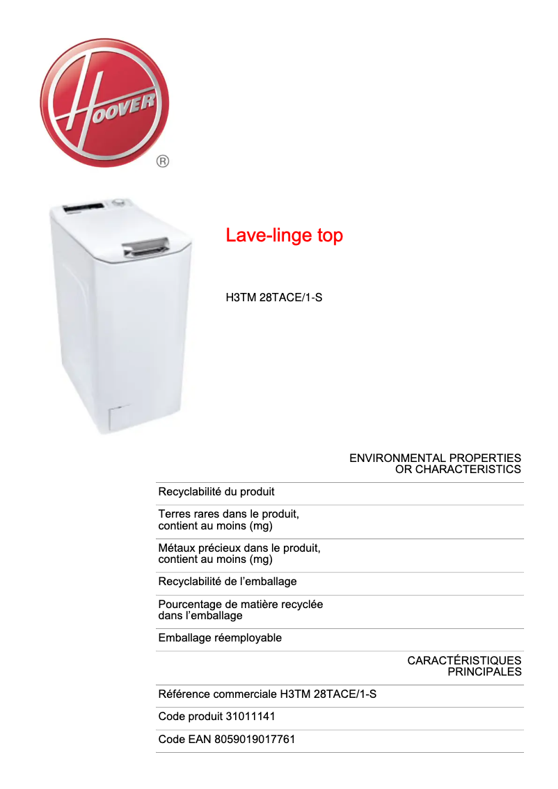 Page n°1 - Fiche technique Hoover H3TM 28TACE/1-S