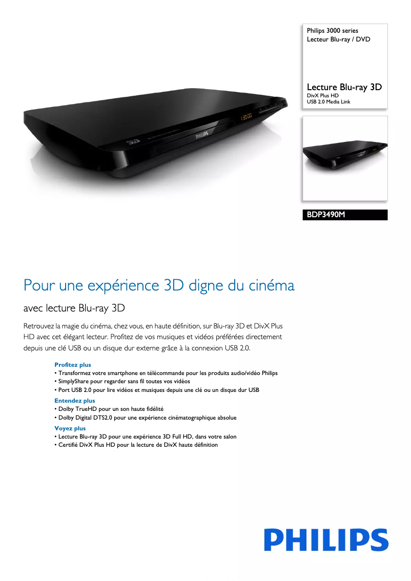 Page 1 de la notice Fiche technique Philips BDP3490M