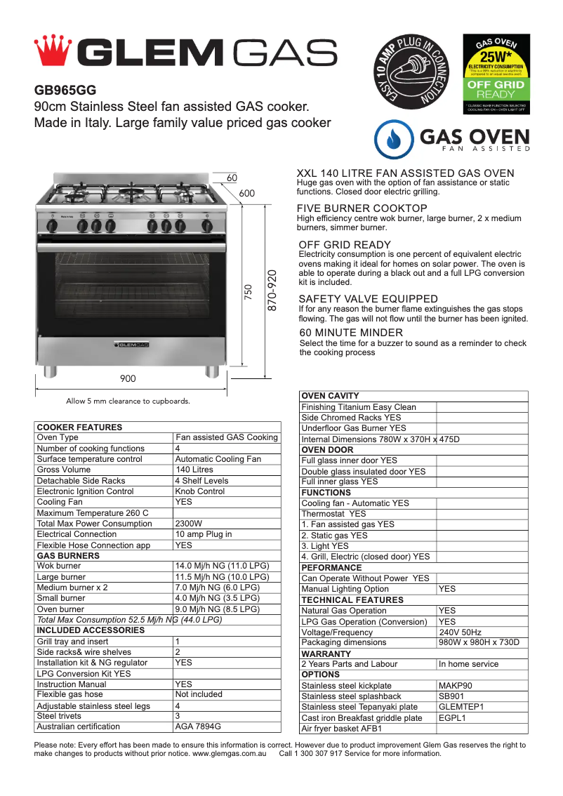 Page 1 de la notice Fiche technique Glem Gas GB965GG