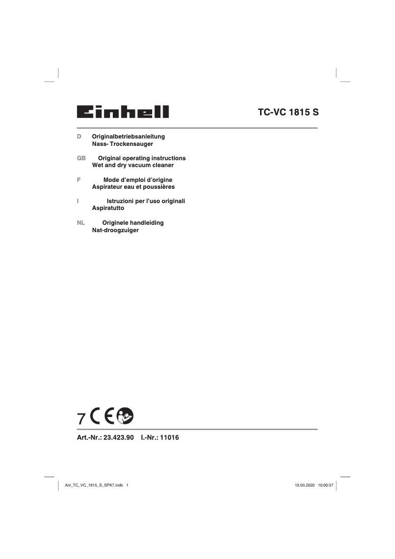 Page 1 de la notice Manuel utilisateur Einhell TC-VC 1815 S