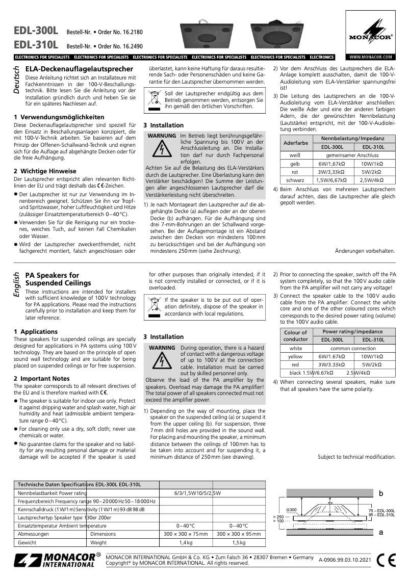 Page n°1 - Manuel utilisateur Monacor EDL-310L