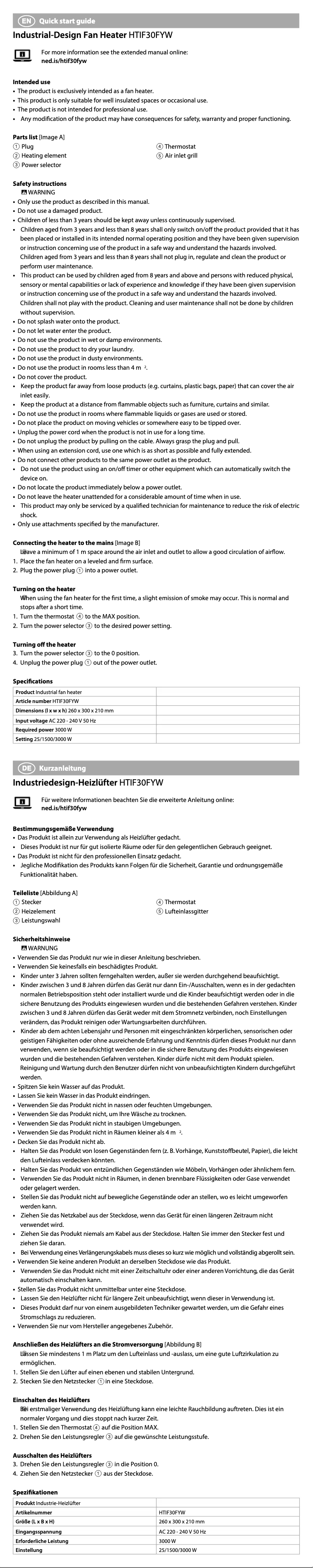 Page 1 de la notice Manuel utilisateur Nedis HTIF30FYW