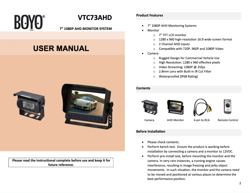 Image de la première page du manuel de l'appareil VTC73AHD