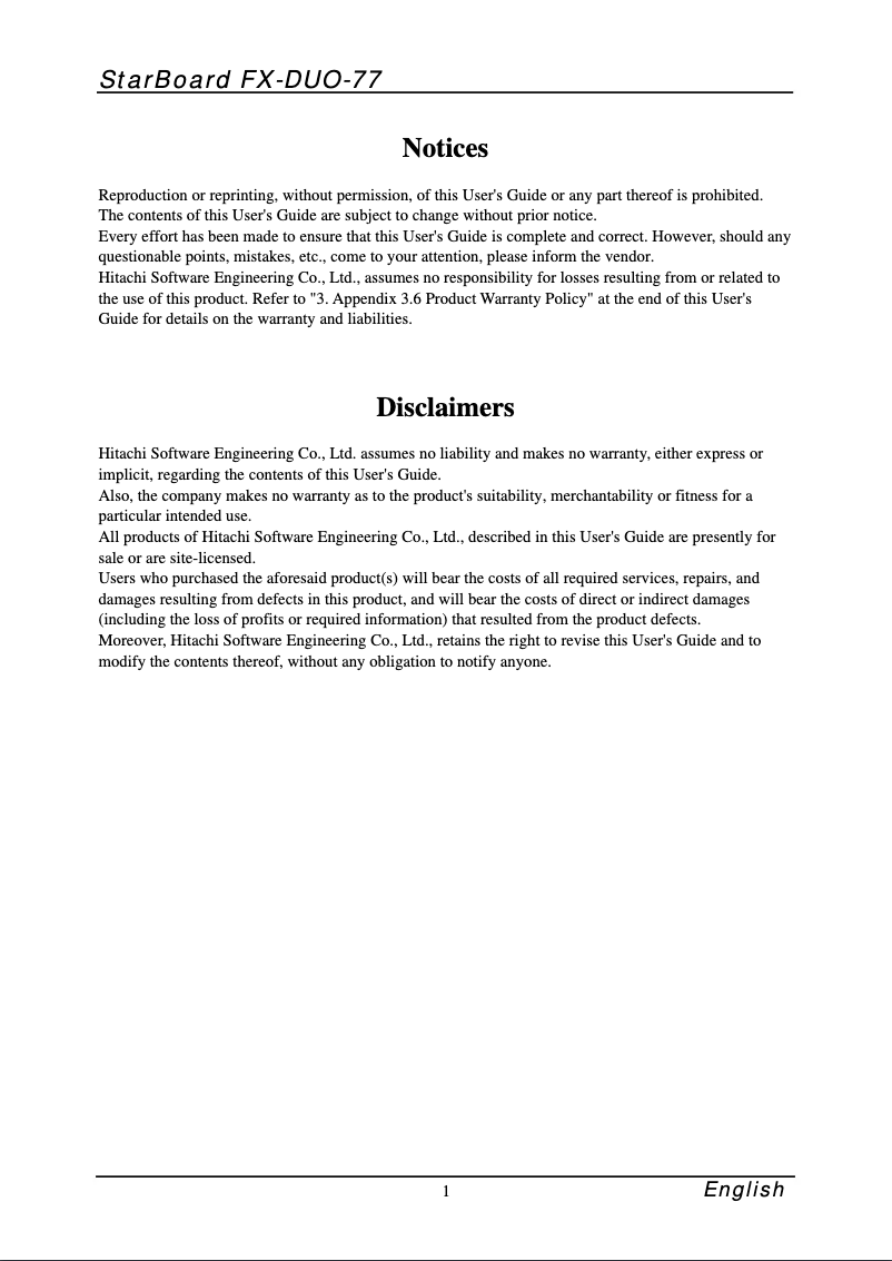 Page 1 de la notice Manuel utilisateur Hitachi StarBoard FX-DUO-77