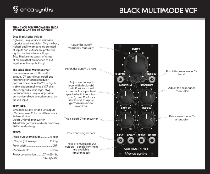 Page 1 de la notice Manuel utilisateur Erica Synths Black Multimode VCF