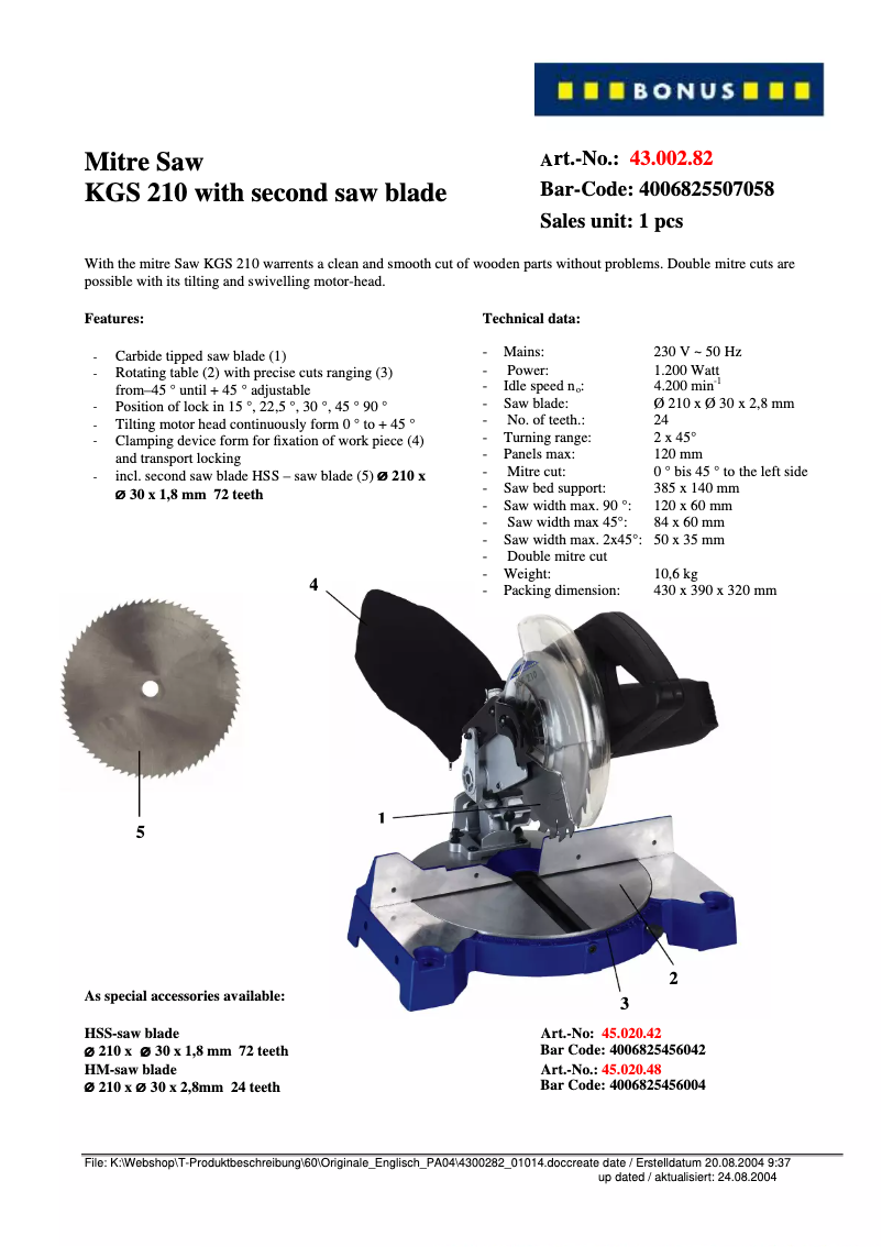 Page n°1 - Manuel utilisateur Bonus KGS 210
