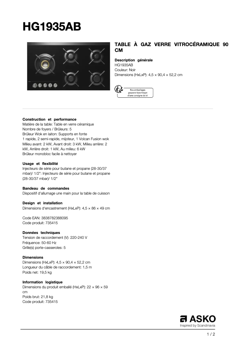 Page 1 de la notice Fiche technique Asko HG1935AB