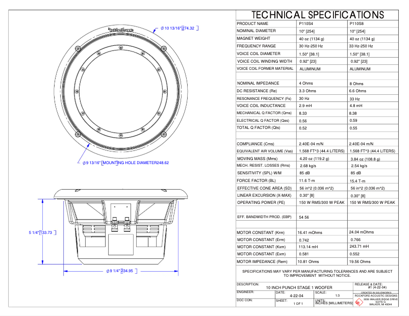 Page n°1 - Fiche technique Rockford Fosgate Punch P112S8