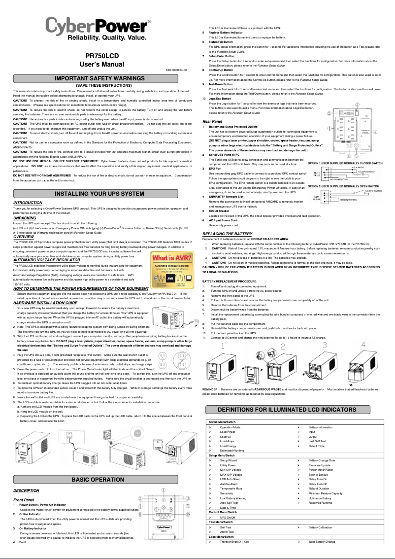 Page n°1 - Mode d'emploi CyberPower PR750LCD