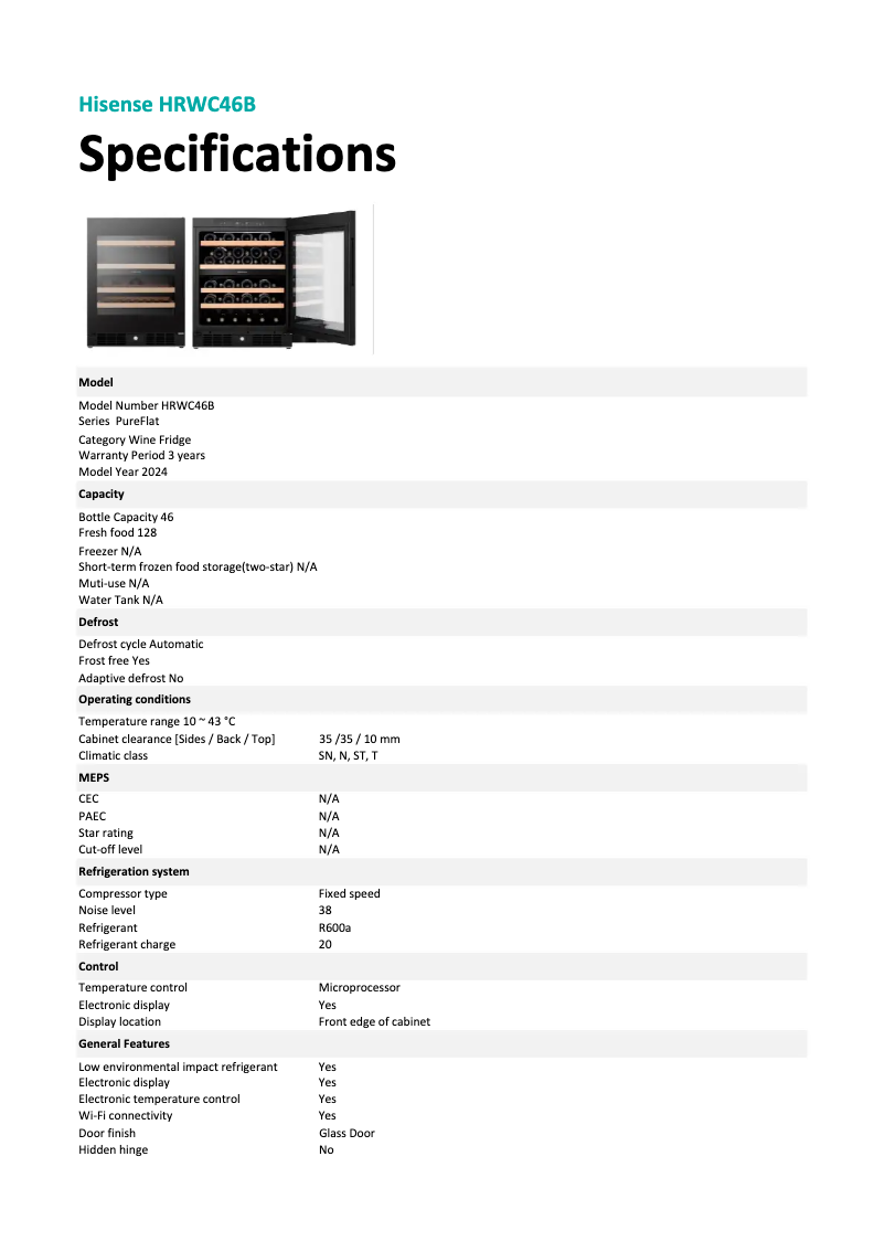 Page 1 de la notice Fiche technique Hisense HRWC46B