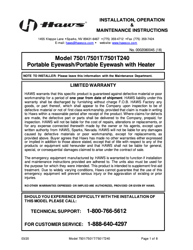 Page 1 de la notice Manuel utilisateur Haws 7501T