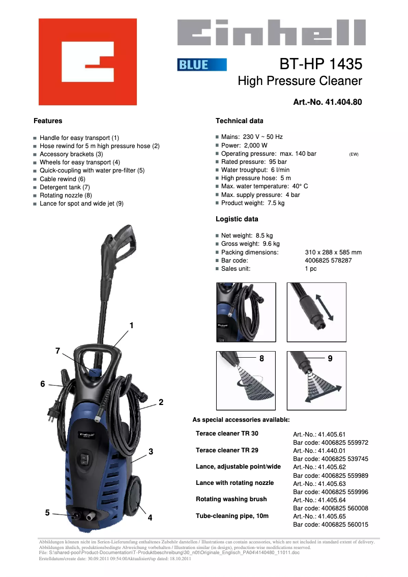 Page 1 de la notice Fiche technique Einhell BT-HP 1435