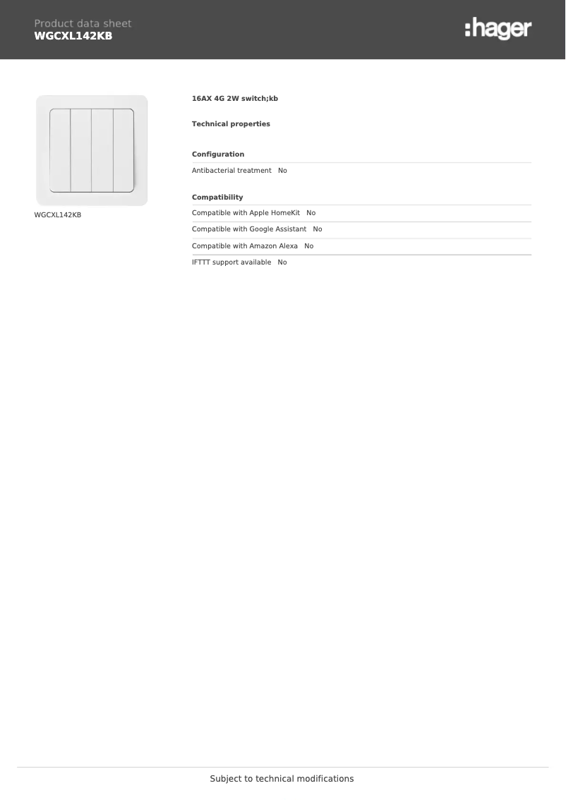 Page 1 de la notice Fiche technique Hager WGCXL142KB