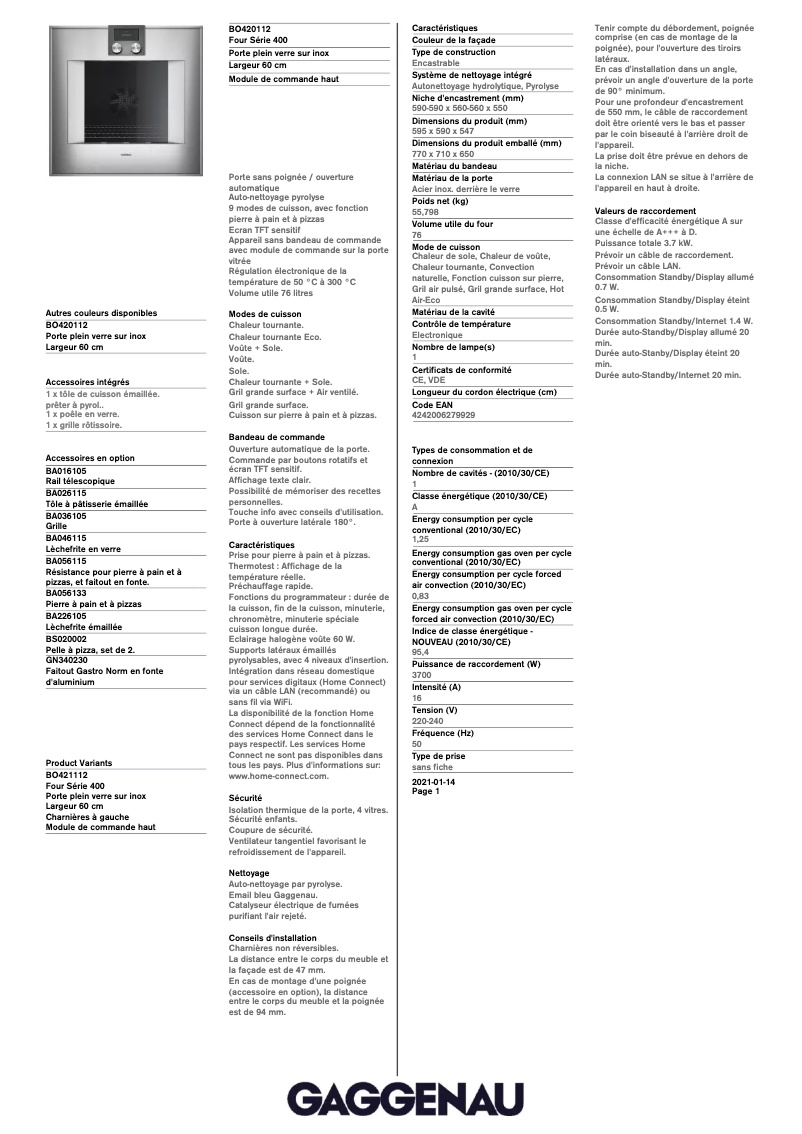 Page 1 de la notice Fiche technique Gaggenau BO420112