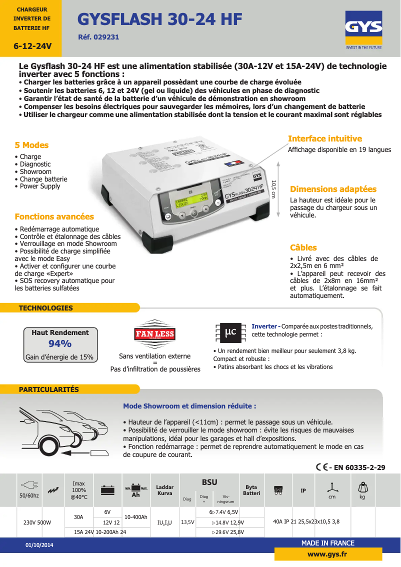 Page 1 de la notice Fiche technique GYS Gysflash 30-24 HF