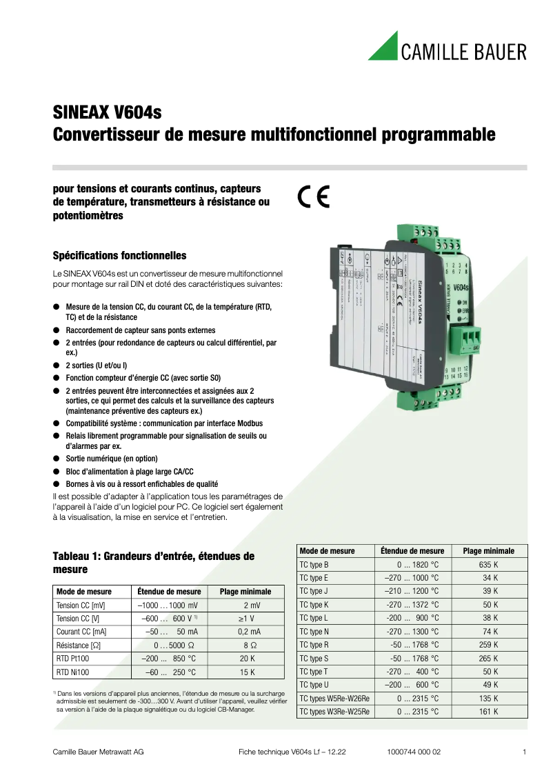Page 1 de la notice Fiche technique Camille Bauer Sineax V604s