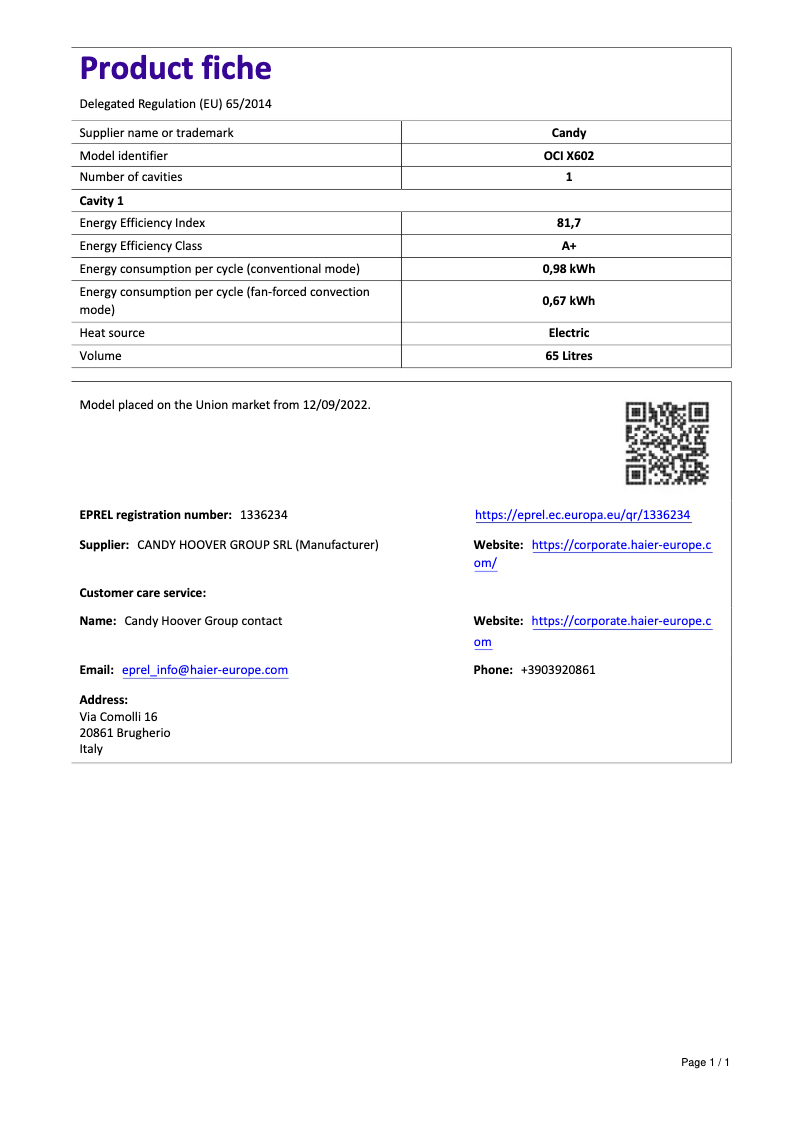 Page 1 de la notice Manuel utilisateur Candy OCI X602