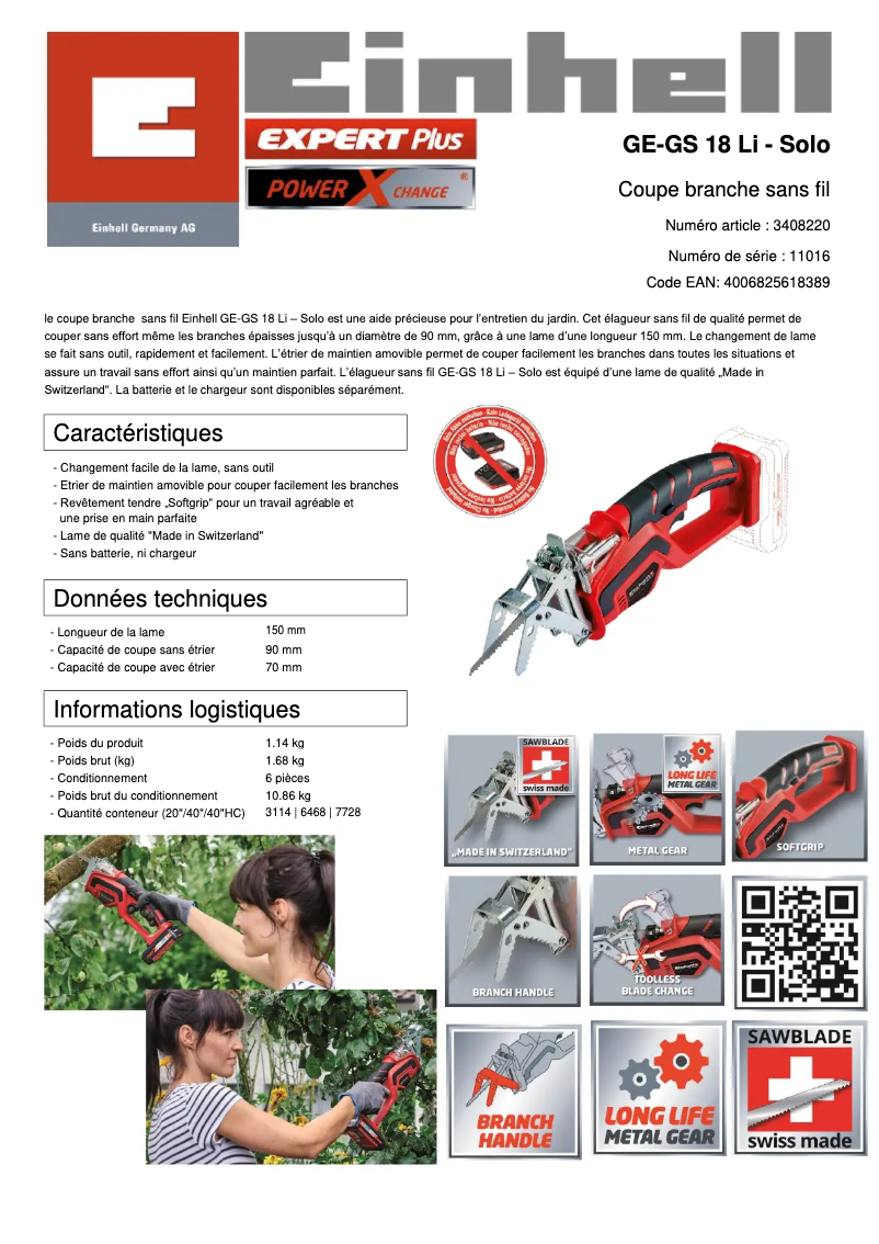 Page 1 de la notice Fiche technique Einhell GE-GS 18 Li-Solo