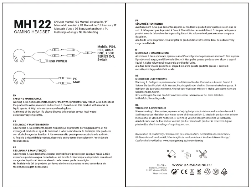 Page 1 de la notice Manuel utilisateur Mars Gaming MH122