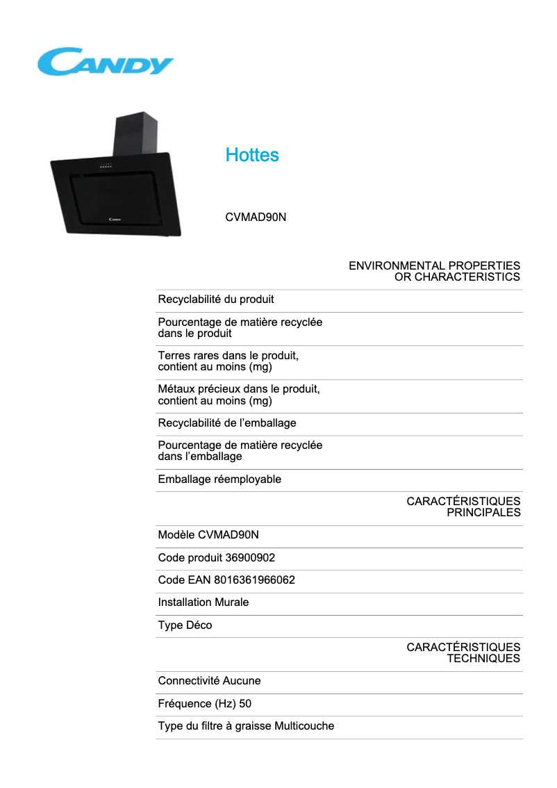Page 1 de la notice Fiche technique Candy CVMAD90N