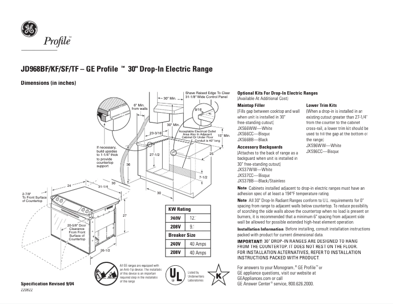 Page 1 of the manual Technical Sheet GE Profile JD968BFBB