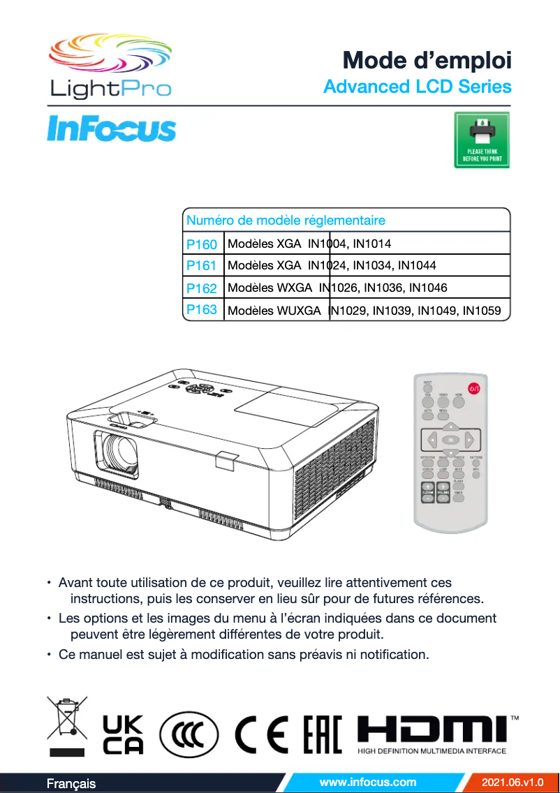 Page 1 de la notice Manuel utilisateur InFocus LightPro IN1036