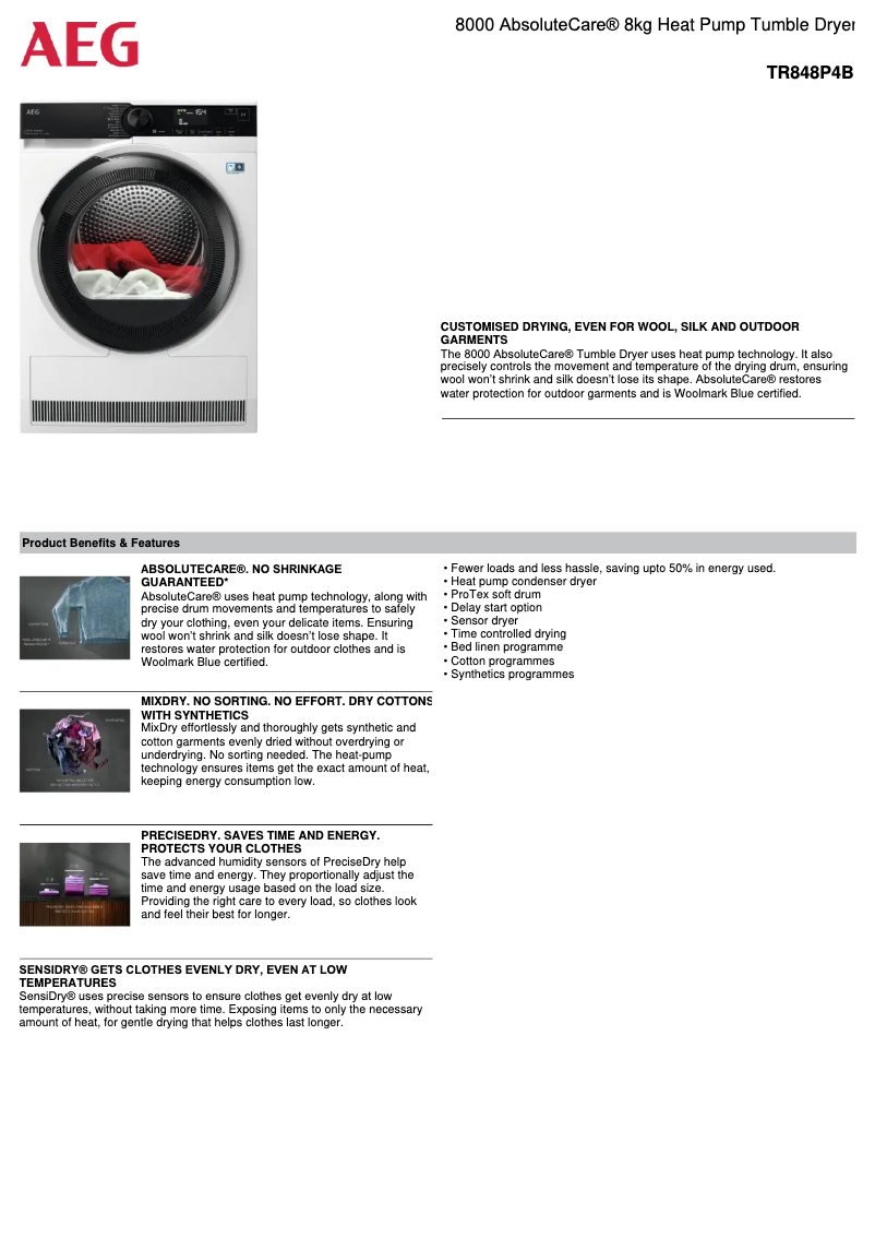 Page 1 de la notice Fiche technique AEG TR848P4B