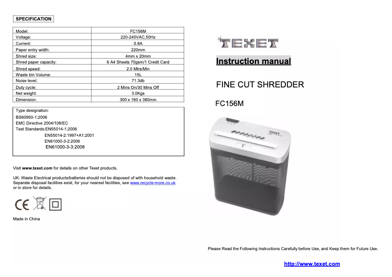 Page 1 de la notice Manuel utilisateur Texet FC156M