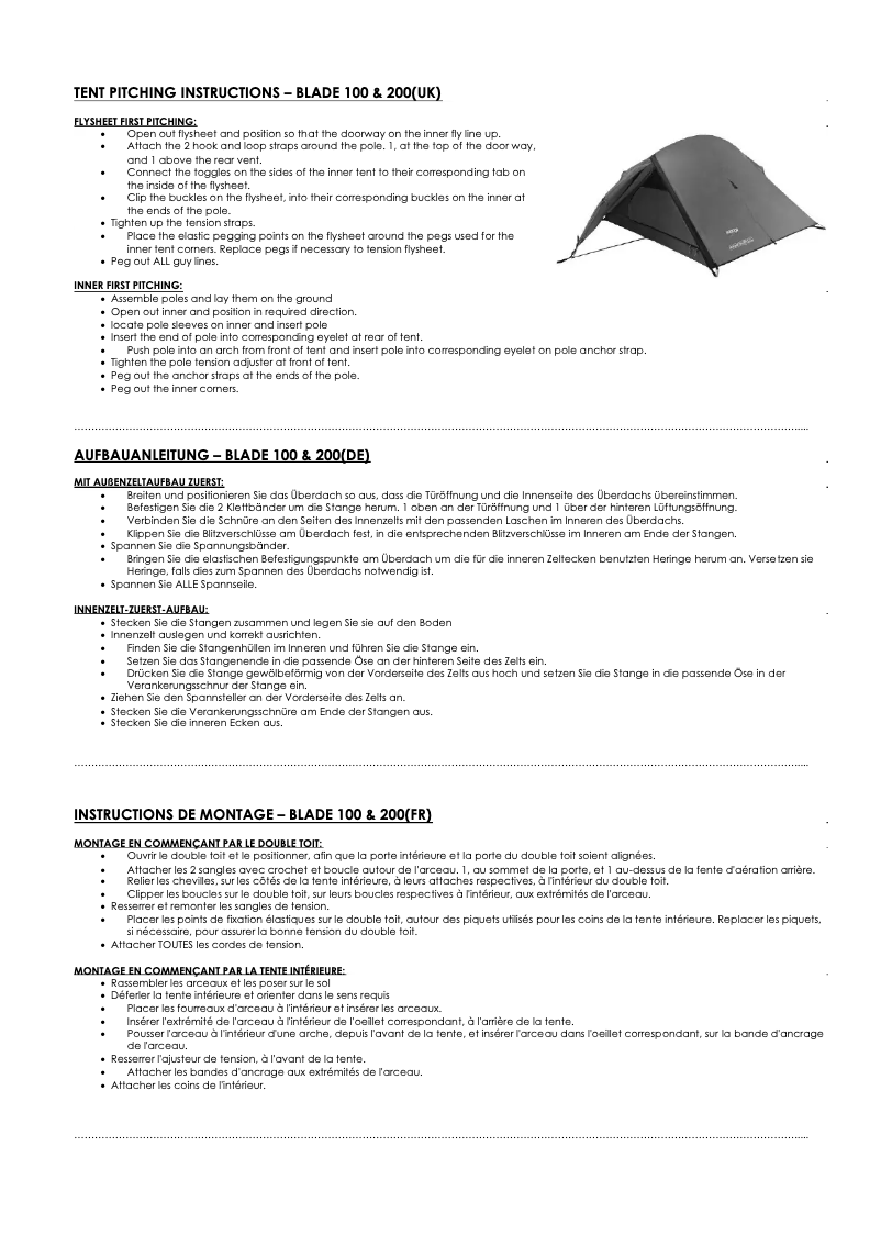 Page 1 de la notice Manuel utilisateur Vango Blade 100