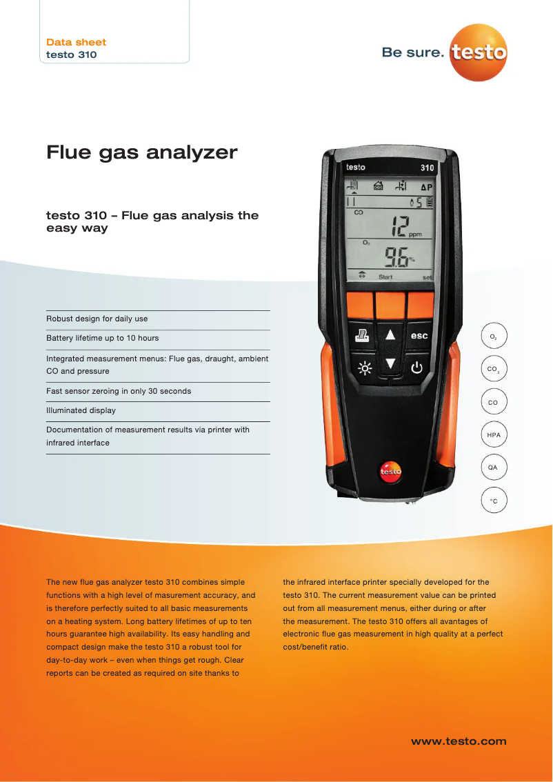 Page 1 de la notice Fiche technique Testo 310