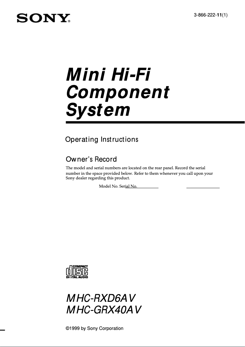 Page 1 de la notice Manuel utilisateur Sony MHC-GRX40AV