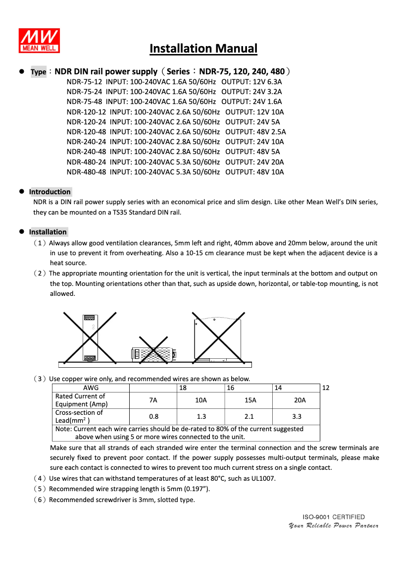 Page 1 de la notice Mode d'emploi Mean Well NDR-240-48