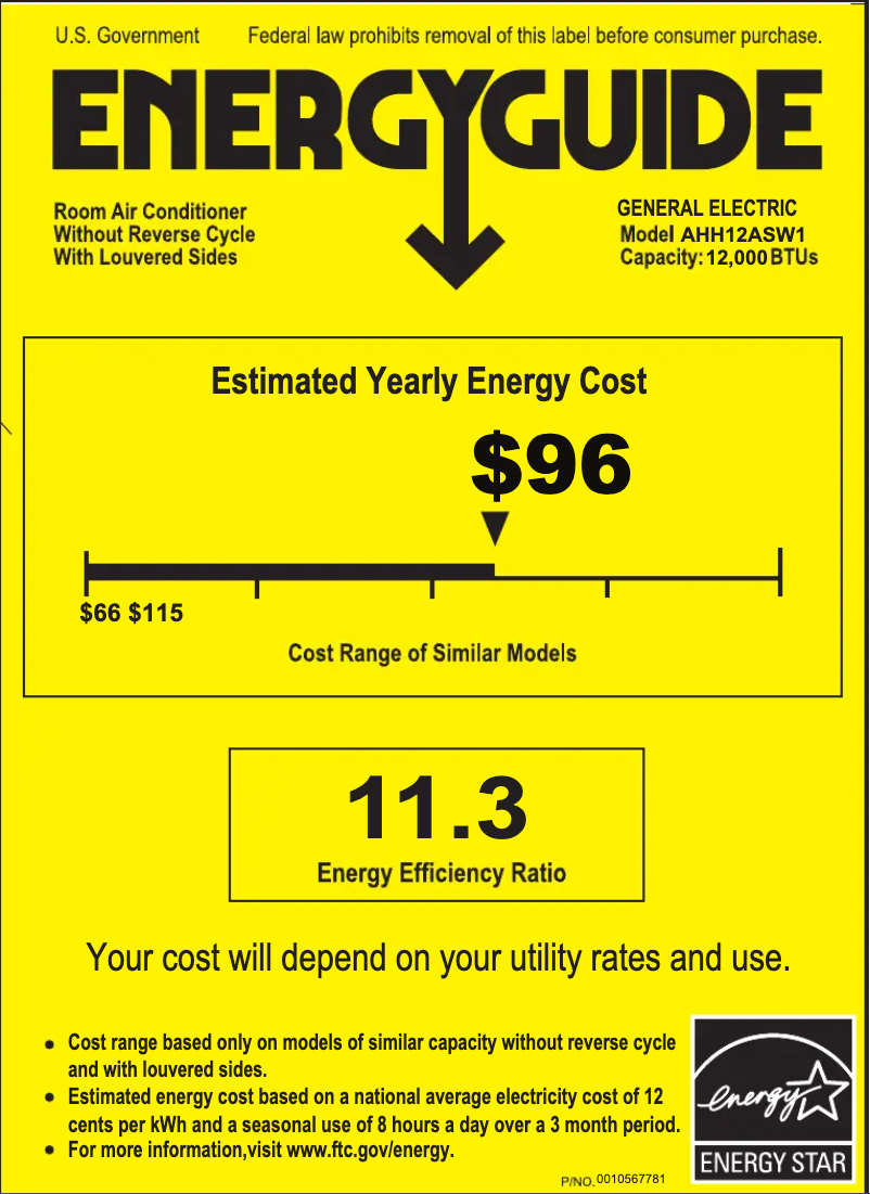 Page 1 de la notice Label énergétique GE AHH12AS