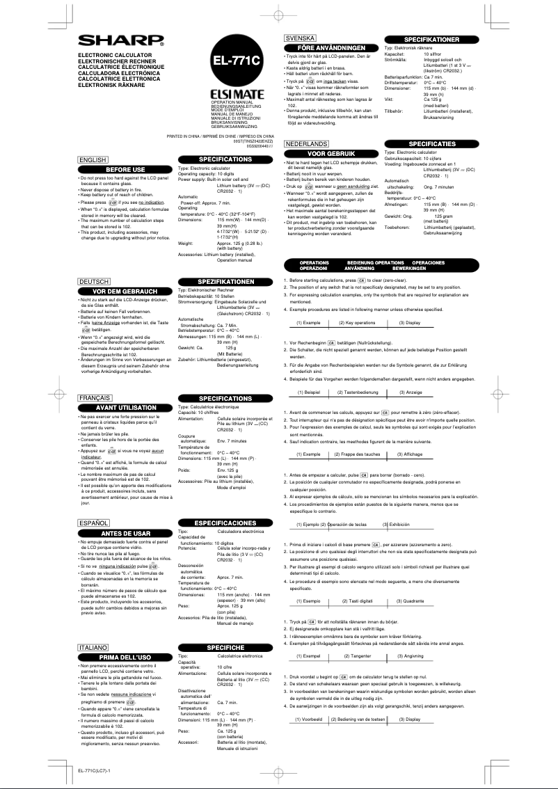 Page 1 de la notice Manuel utilisateur Sharp EL771C