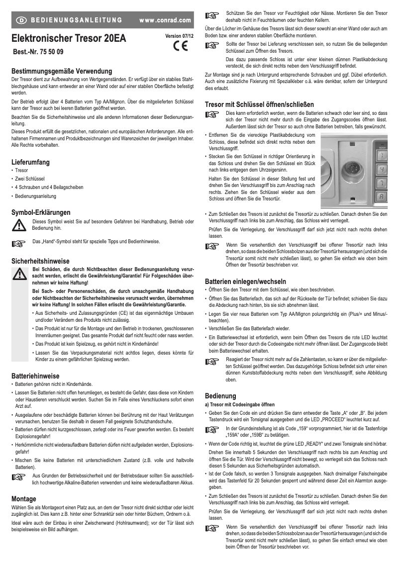 Imagen de la primera página del manual del dispositivo Electronic safe 20EA