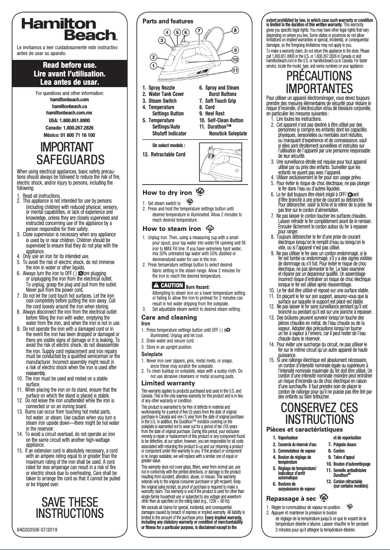 Page n°1 - Manuel utilisateur Hamilton Beach Durathon 19902R