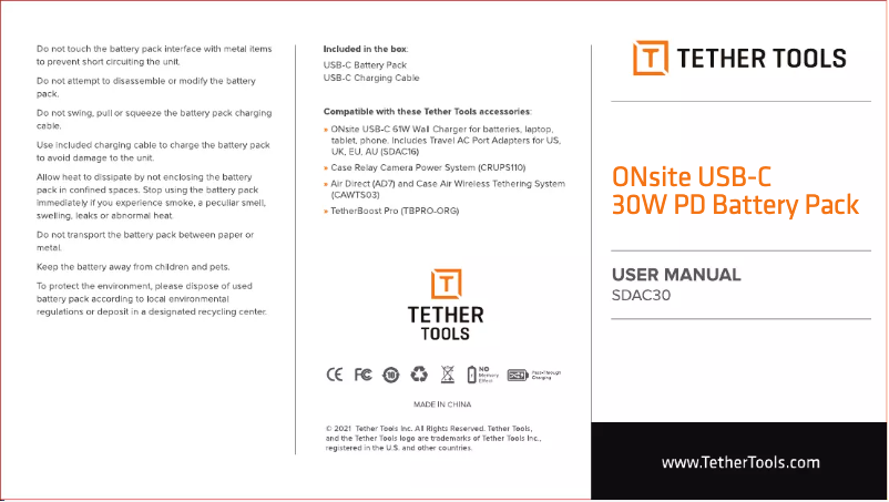 Page n°1 - Manuel utilisateur Tether Tools SDAC30