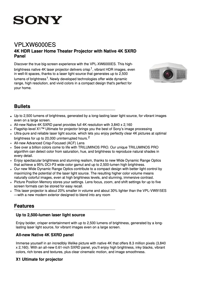 Page 1 de la notice Fiche technique Sony VPL-XW6000