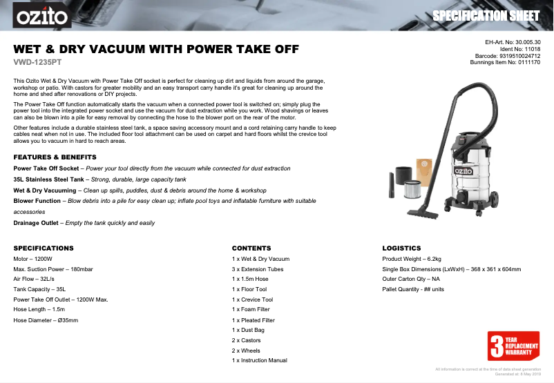 Page 1 de la notice Fiche technique Ozito VWD-1235PT