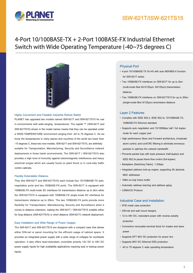 Page 1 de la notice Fiche technique Planet ISW-621T