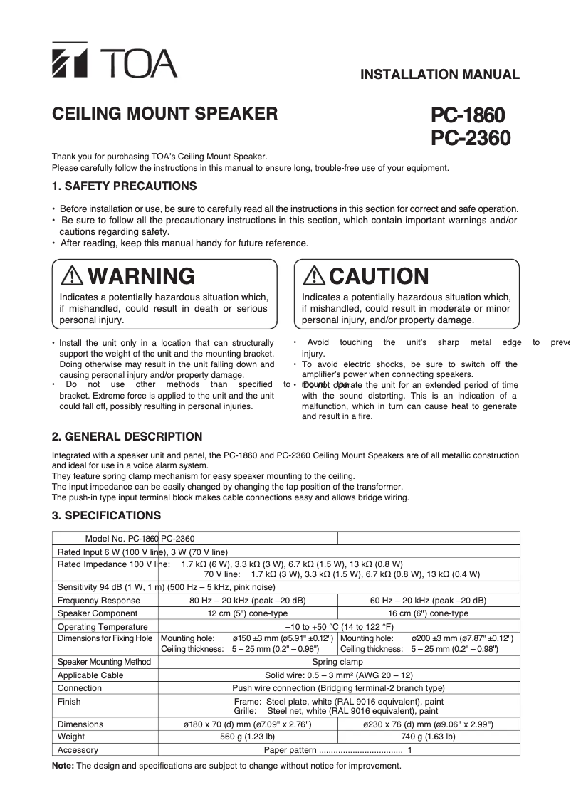 Page 1 de la notice Manuel utilisateur TOA PC-2360